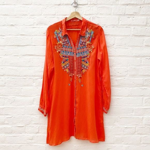 Johnny Was || Embroidered Button Down Tunic Shirt Dress Coral Medium