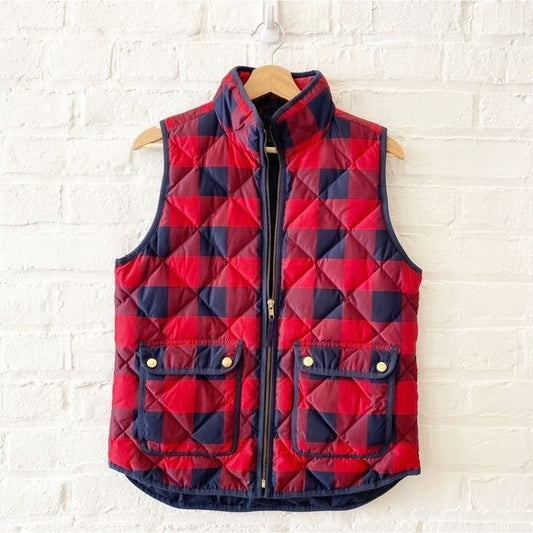 J.Crew || Buffalo Check Excursion Down Vest Red Navy Small