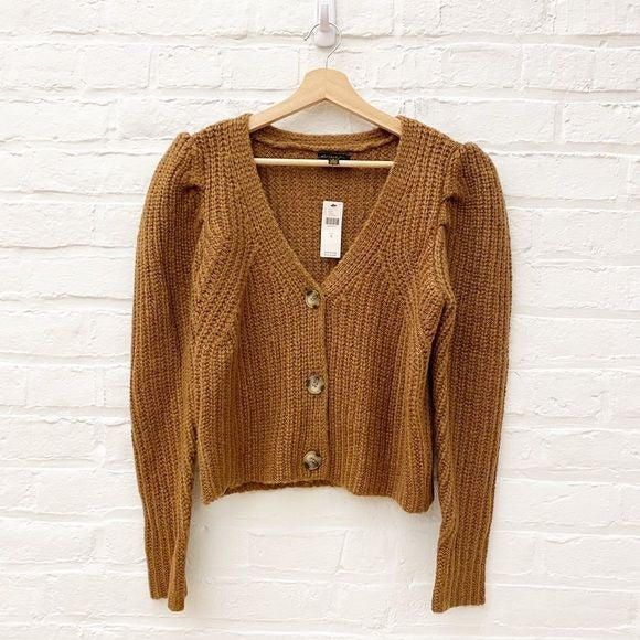 Anthropologie || Current Air Ribbed Chunky Knit Puff Sleeve Cardigan Brown S NWT