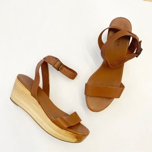 Nisolo || Sarita Leather Strap Wooden Wedge Sandals Brown 9