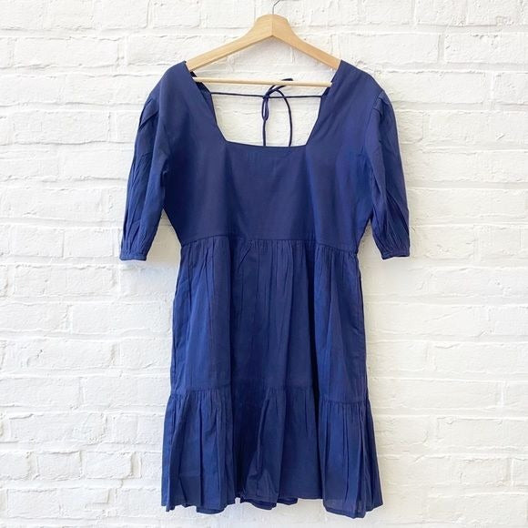 Madison Mathews || Tiered Mini Dress Square Neck Navy Blue Medium