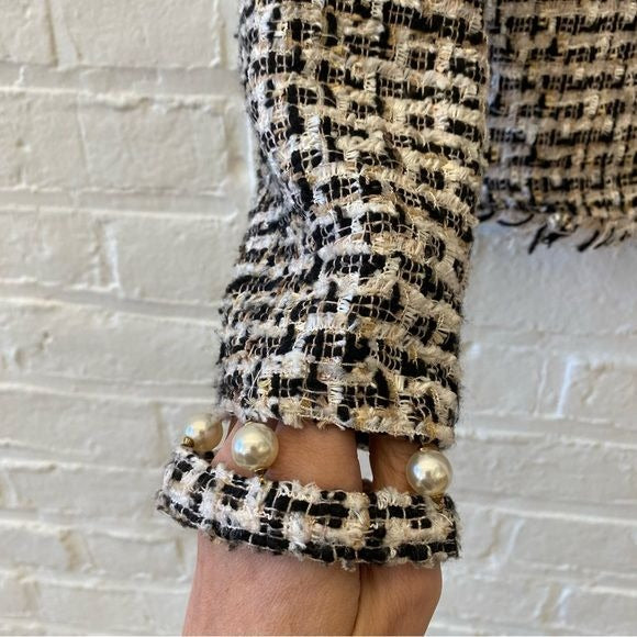 Zara || Chenille Tweed Top Ling Sleeve Pearl Cuffs Black Ivory Small