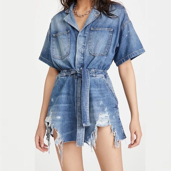 R13 || Mick Belted Distressed Denim Romper Cohen Blue Small