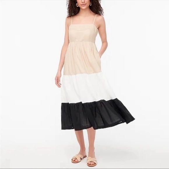 J Crew || Square Neck Tiered Colorblock Color Blocked Dress Black Tan 6