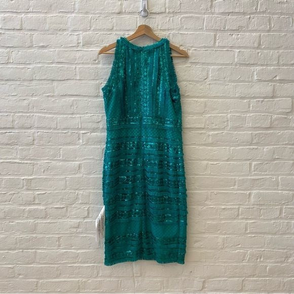 Tadashi Shoji || Norma Sequined Fringe Pencil Sheath Dress Jade Green 10 NWT