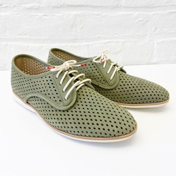 Rollie || Derby Punch Perforated Leather Lace Up Oxfords Flats Green 40