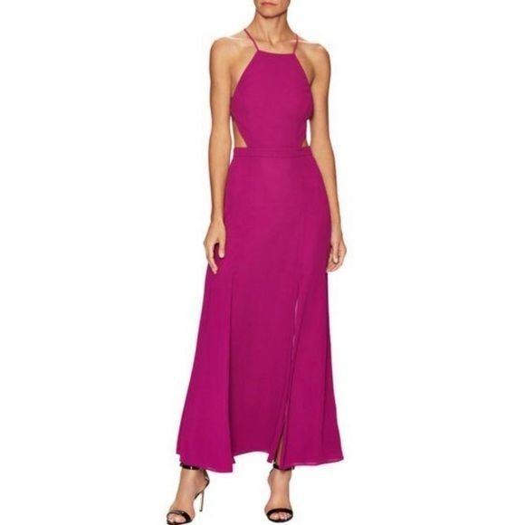 Fame and Partners || High Square Neck Open Back Halter Dress Gown Berry US 8