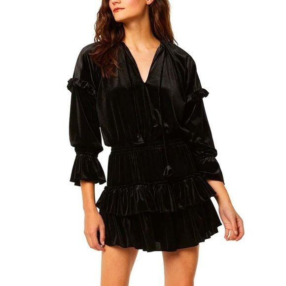 Misa Los Angeles || Amalya Ruffle Velvet Mini Dress Black Small