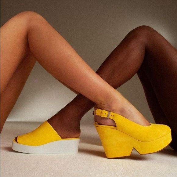 Clergerie Paris || Sasha Leather Slides Mules Platforms Wedges Yellow 38.5