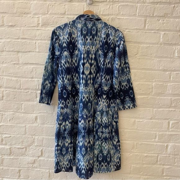 Ro's Garden || Deauville Tyla Tiered A-line Shirt Dress Ikat Blue XS NWT