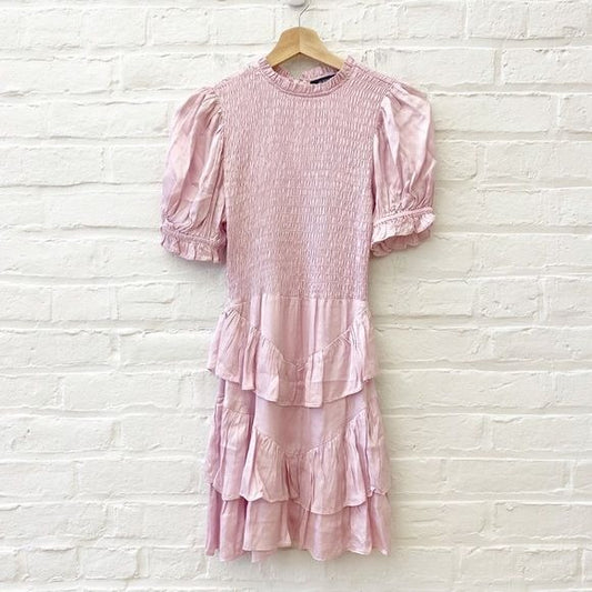 Olivaceous || Smocked Tiered Ruffle Mini Dress Satin Pink Small