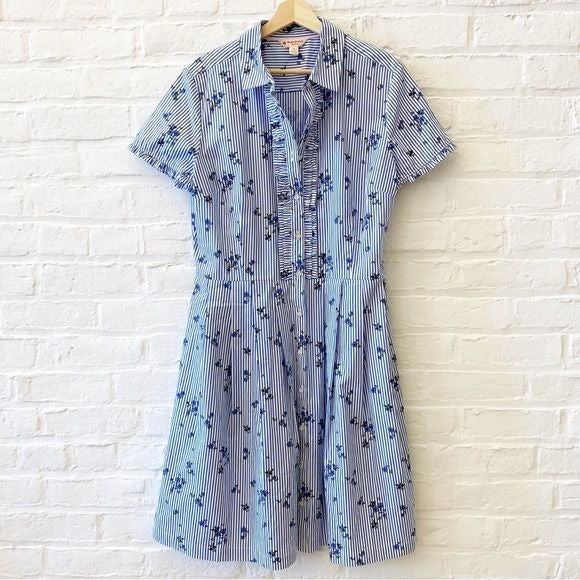 Brooks Brothers || Floral Striped Poplin Ruffle Fit + Flare Shirt Dress Blue 14