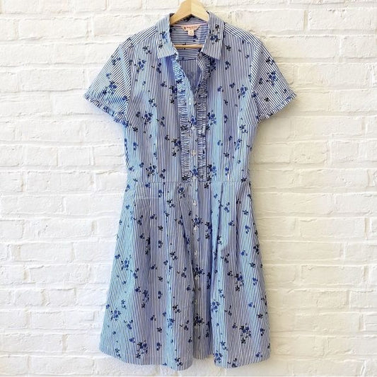 Brooks Brothers || Floral Striped Poplin Ruffle Fit + Flare Shirt Dress Blue 14