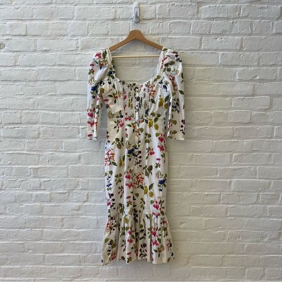 Cara Cara || Busy Poplin Floral Botanical Midi Dress Cotton Smocked White 2 NWT