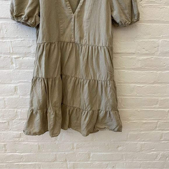 Zara || Tiered Mini Dress Puff Sleeve Linen Blend Khaki Olive Green Small