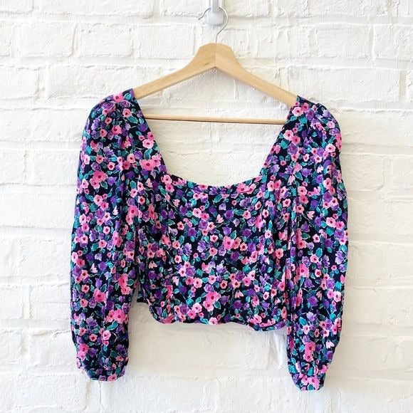 Zara || Puff Sleeve Crop Blouse Floral Black Pink Purple Small