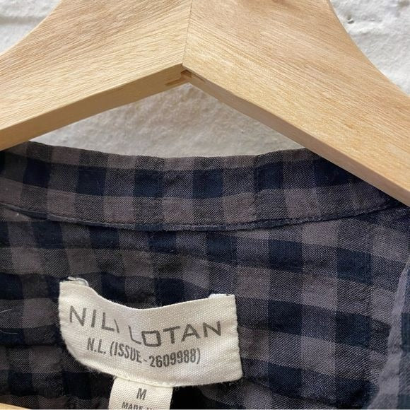 Nili Lotan || Gingham Plaid Check Popover Top Tencel Gray Navy Medium