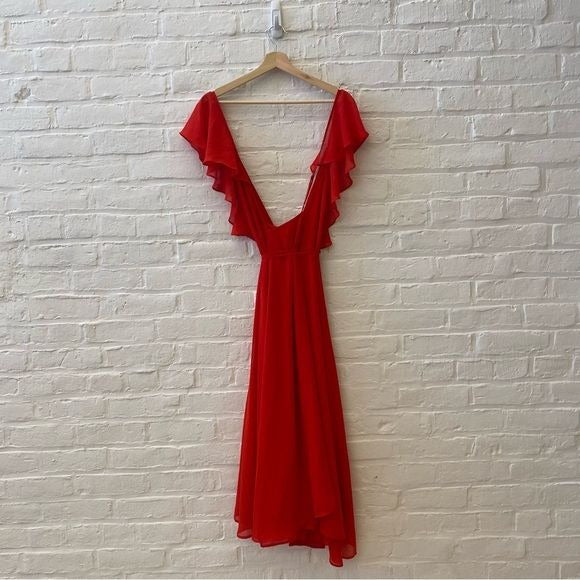 Anthropologie || Yumi Kim Bouquet Wrap Ruffle Midi Dress Backless Red Small