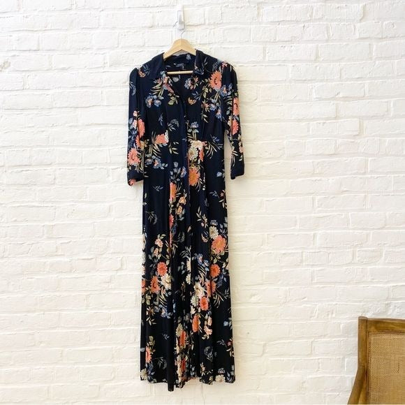 Zara || Long Floral Print Shirt Dress Black Small