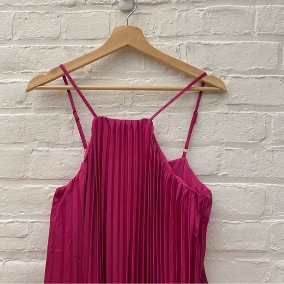 Le Lis || Pleated High Neck Mini Dress Fuchsia Magenta Pink Medium