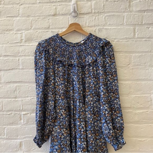 Boden || Smocked Yoke Tiered Long Sleeve Dress Ditsy Floral Blue 8