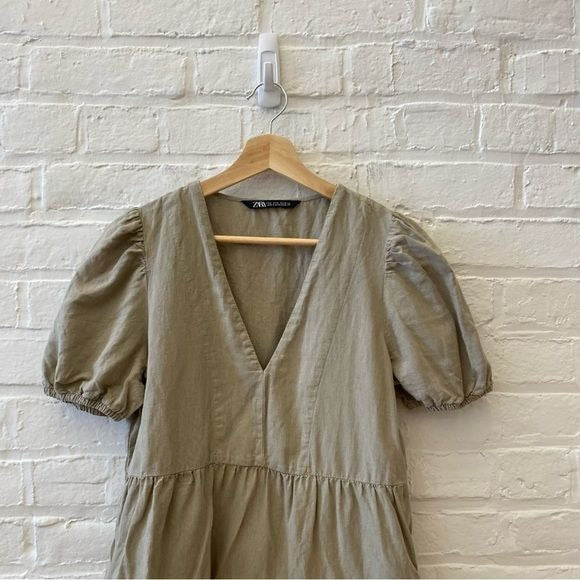 Zara || Tiered Mini Dress Puff Sleeve Linen Blend Khaki Olive Green Small