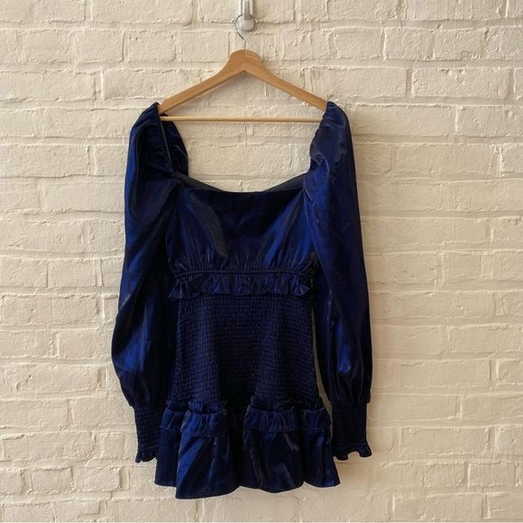 Lovers + Friends Revolve || Marissa Smocked Mini Dress Long Sleeve Navy Blue XS