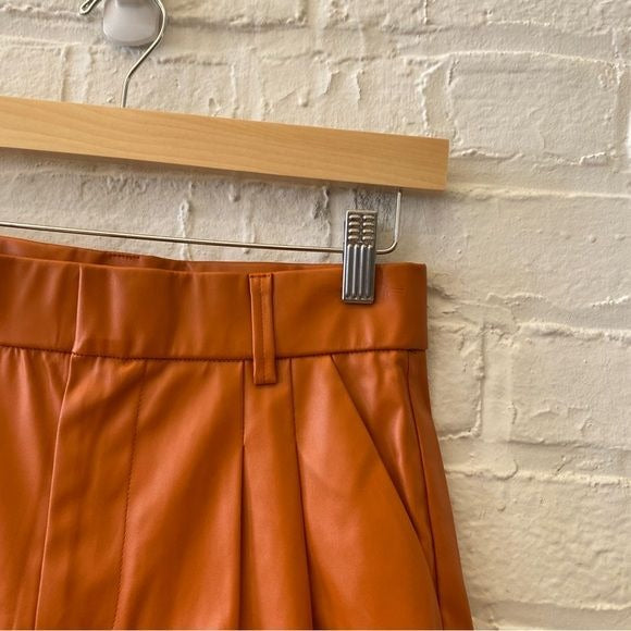 Day + Moon || Pleated High Waisted Shorts Faux Leather Orange NWT