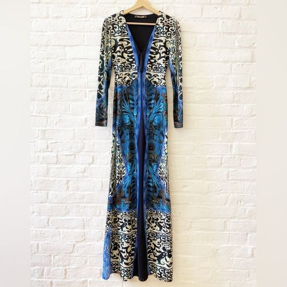 Roberto Cavalli || Long-Sleeve Mixed-Print Gown Blue Black IT 40 US 4