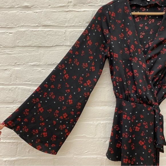 L'Academie || Kimono Floral Wrap Flare Sleeve Blouse Black Floral XS