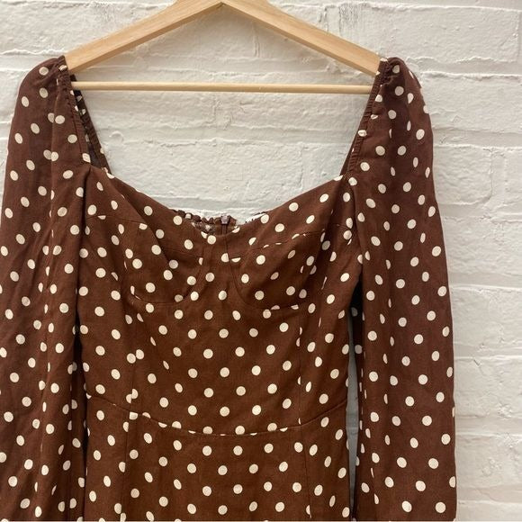 Reformation || Mochi Long Sleeve Mini Dress Brown Polka Dots 6