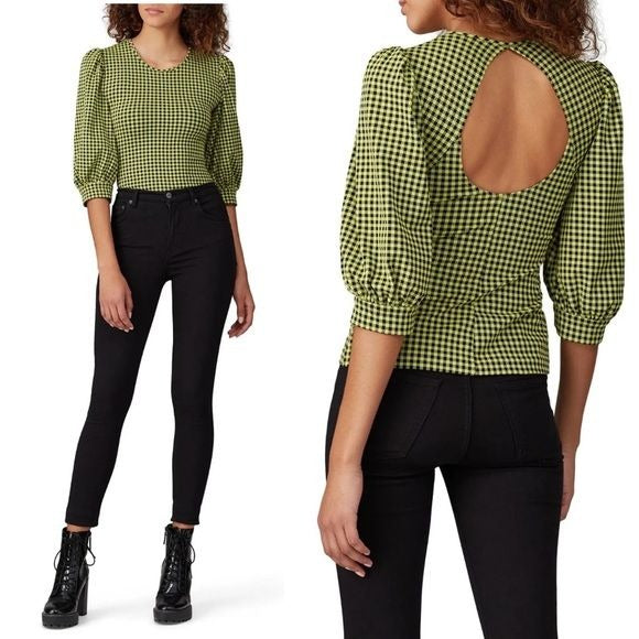 Amanda Uprichard || Jilly Top Blouse Puff Sleeve Open Back Lime Green Gingham L