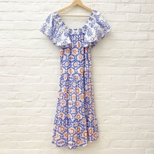 Anthropologie || Ro's Garden Jenna Midi Dress in Blue Orange White XS NWT