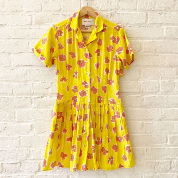 de Loreta || Thalia Mini Dress Begonia Drop Waist Shirt Dress Floral Yellow XS