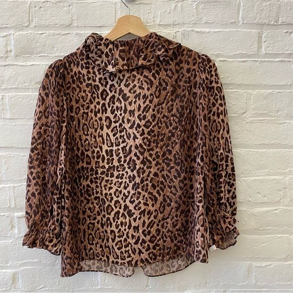 RIXO || Aaliyah Ruffled Leopard-Print Chiffon Blouse Brown XS