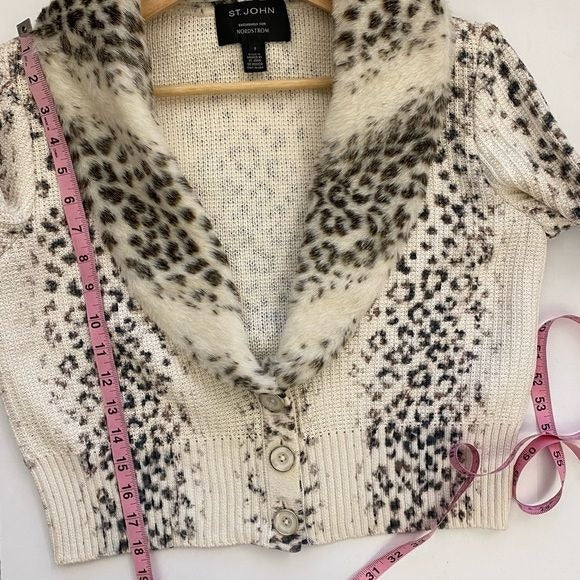 St. John || Snow Leopard Cardigan Sweater Detachable Fur Collar Cream Small