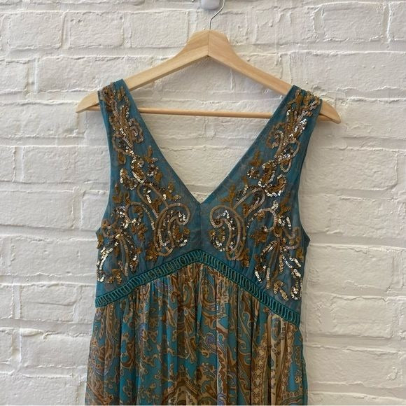 Anthropologie || Ranna Gill Beaded Sequin Paisley Maxi Dress Gown Teal Gold 0