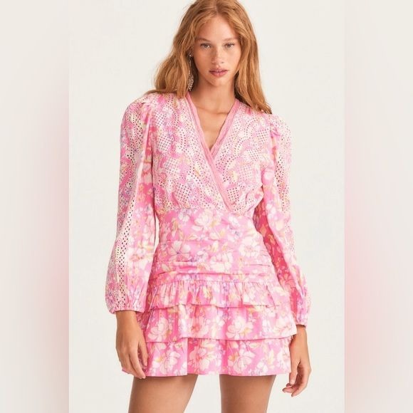 LoveShackFancy || Kari Floral Eyelet Mini Dress in Pink Party Bash 4 NWT