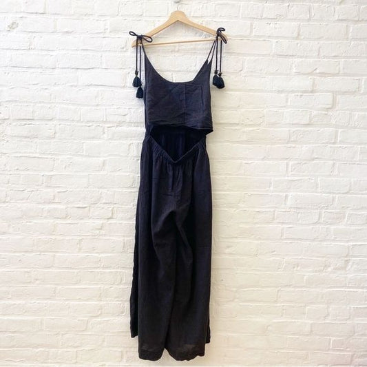 Free People || Open Front Tie Shoulder Tassel Jumpsuit Black Keyhole Small