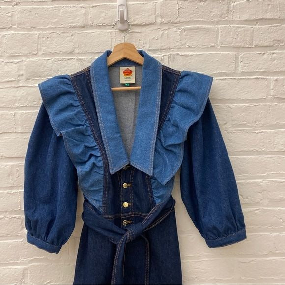 FARM Rio || Patch Denim Midi Dress Belted Ruffle Jean Button Front Blue Small