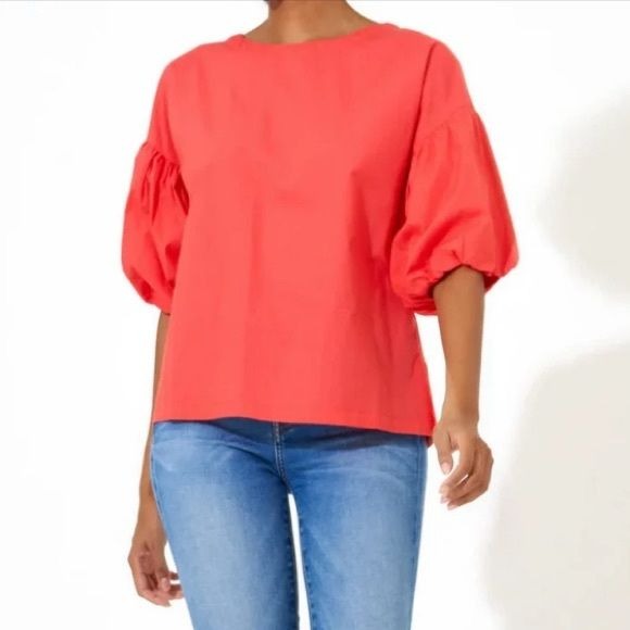 Oliphant || Puff Sleeve Cotton Poplin Blouse Top Coral Red XS