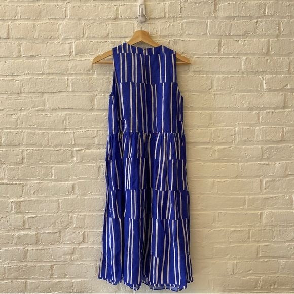 Lafayette 148 New York || Cass Striped Keyhole Dress Linen-Blend Blue Red XXS