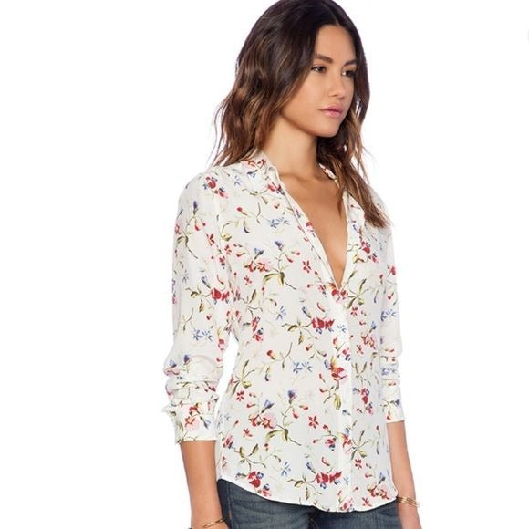 Equipment || Brett Clean Floral Cadence Blouse Silk Button Down Off White Medium