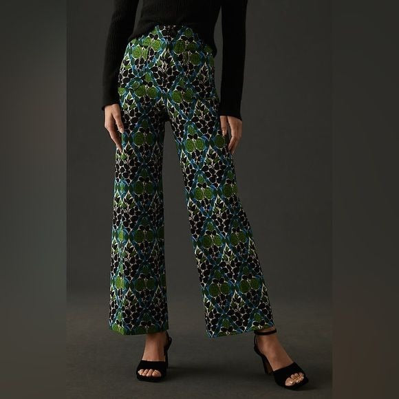 Anthropologie || Maeve Colette Ponte Wide Leg Pants Diamond Floral Blue Green