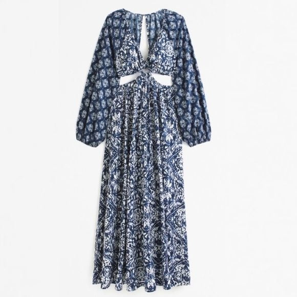 Abercrombie & Fitch || Long Sleeve Plunge Cutout Maxi Dress Keyhole Blue XS