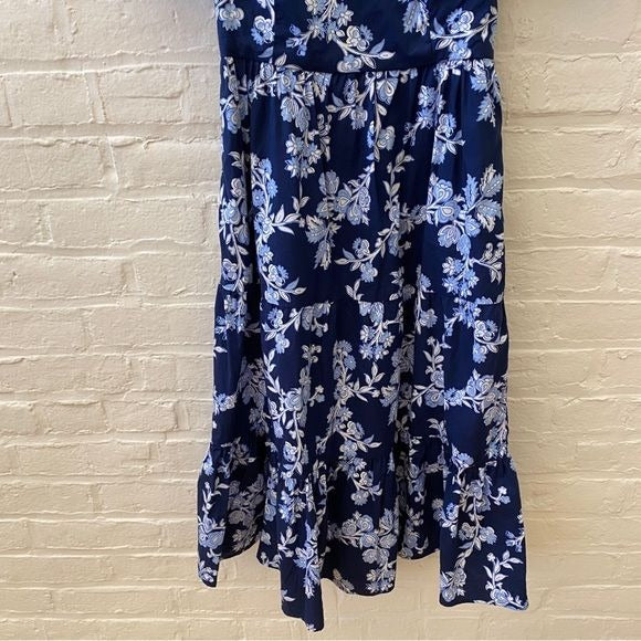 J. Crew || Tiered Poplin Puff-Sleeve Midi Dress Floral Navy Blue 00