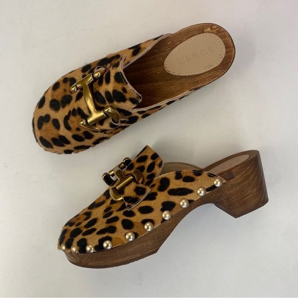 Boden || Iris Snaffle Heeled Clogs in Classic Leopard Horsebit Pony Hair Tan 37