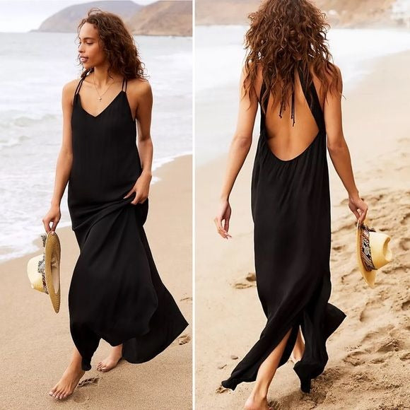 Anthropologie || Shoreline Tie Open Back Maxi Dress Black Small