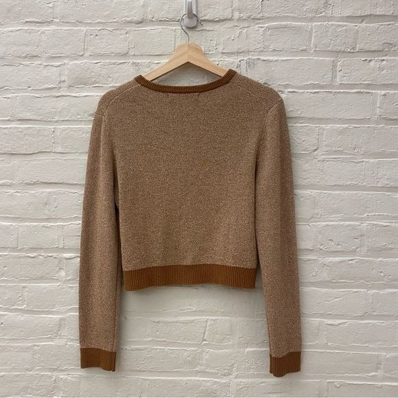 One Grey Day || Contrast Crewneck Cardigan Sweater Camel Tan Brown XS