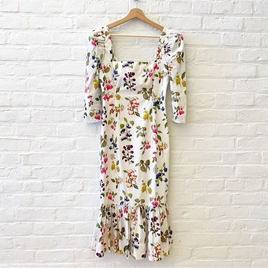 Cara Cara || Busy Poplin Floral Botanical Midi Dress Cotton Smocked White 2 NWT